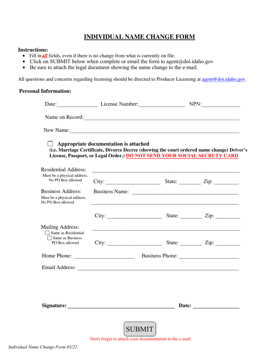 Idaho Individual Name Change Form - Fill Out, Sign Online and Download ...