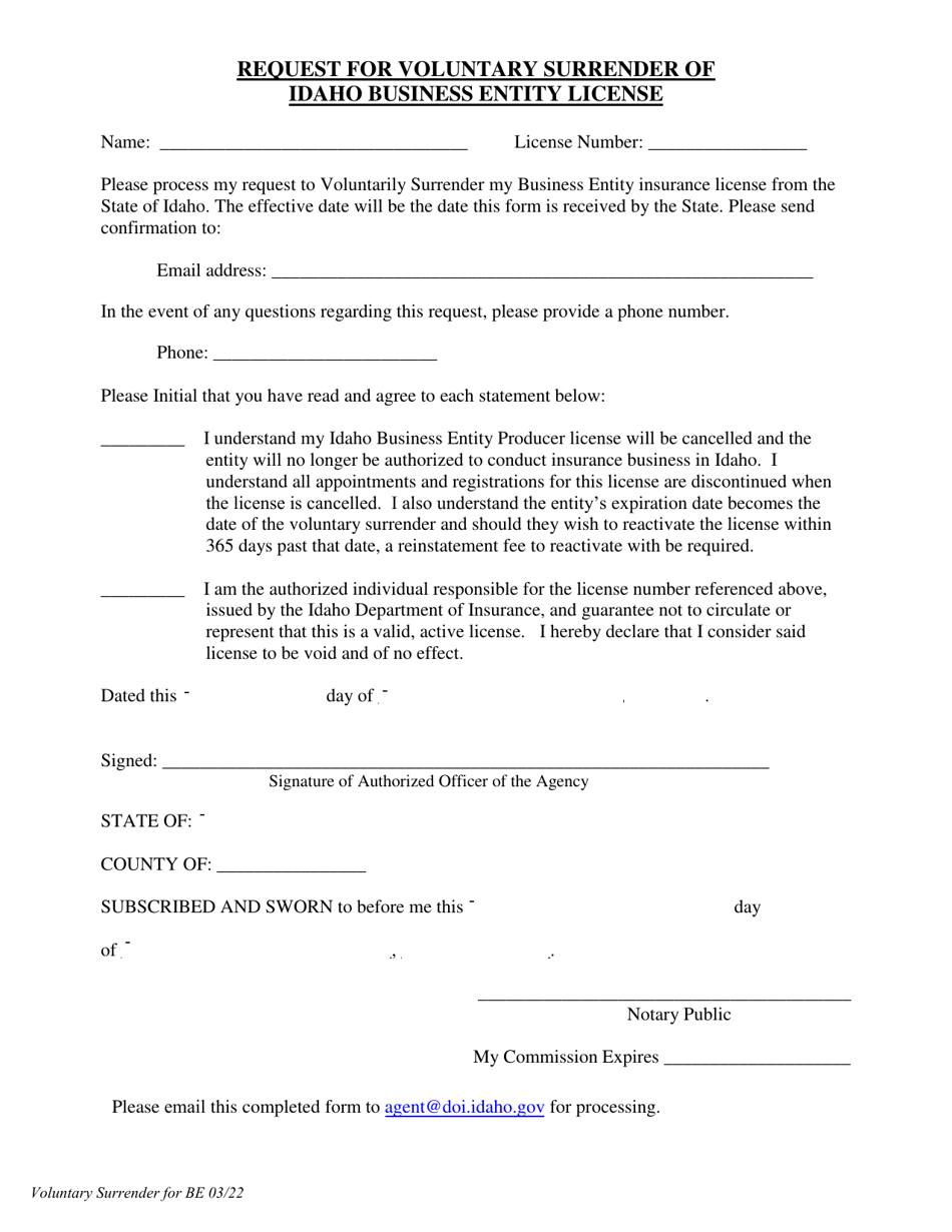 Request for Voluntary Surrender of Idaho Business Entity License - Idaho, Page 1