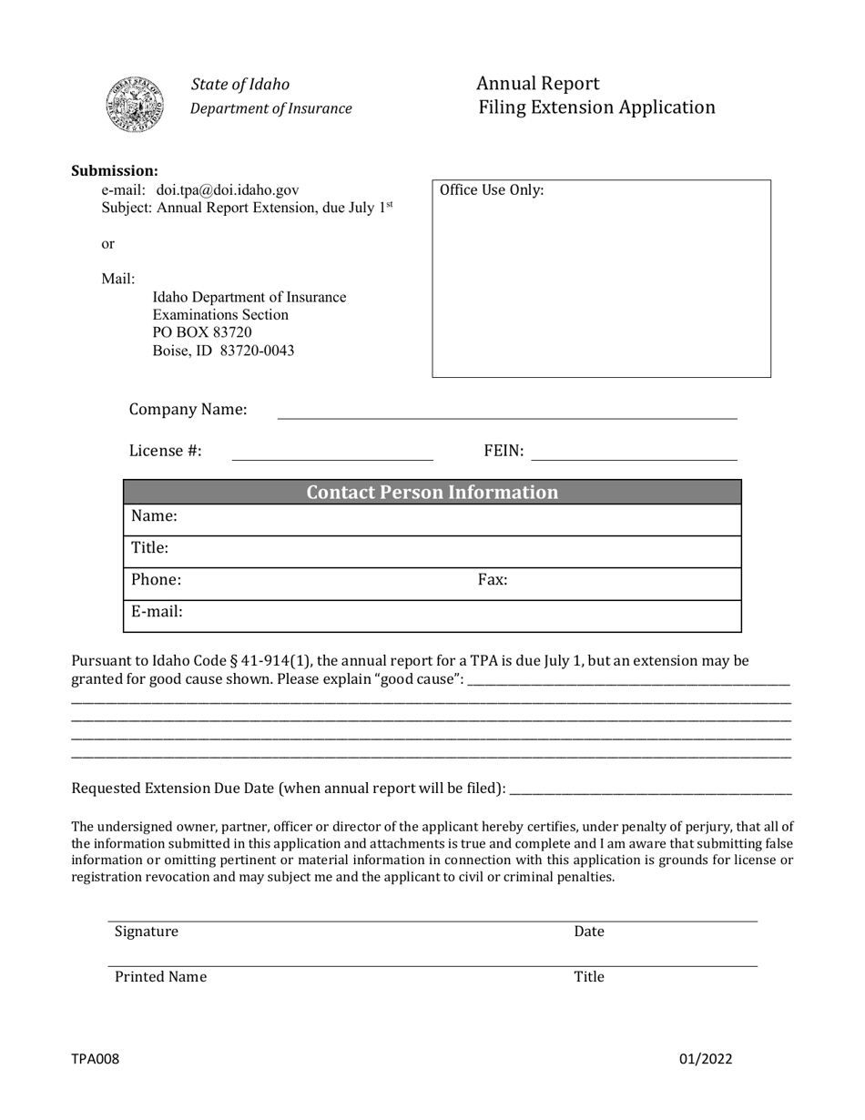 Form TPA008 Tpa Annual Report Filing Extension Application - Idaho, Page 1