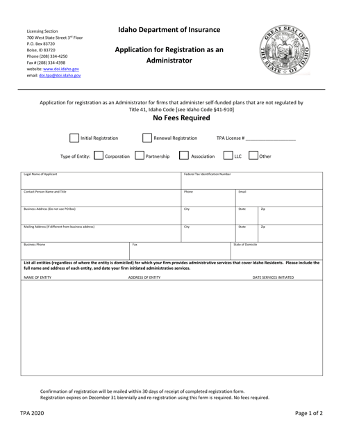 Application for Registration as an Administrator - Idaho Download Pdf