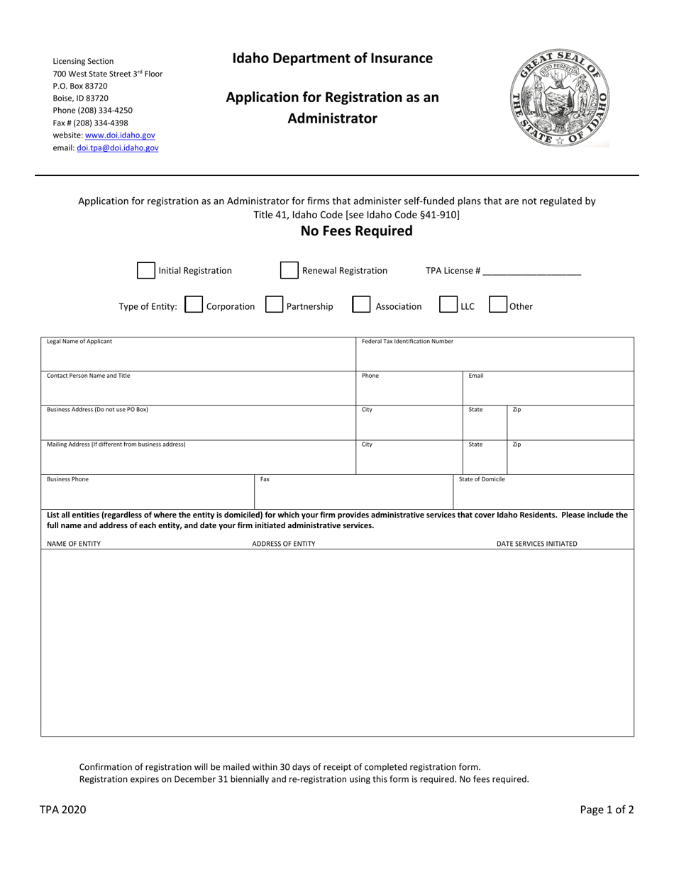 Application for Registration as an Administrator - Idaho, Page 1