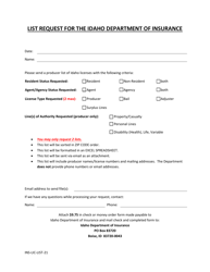 Form INS-LIC-LIST-21 &quot;List Request&quot; - Idaho