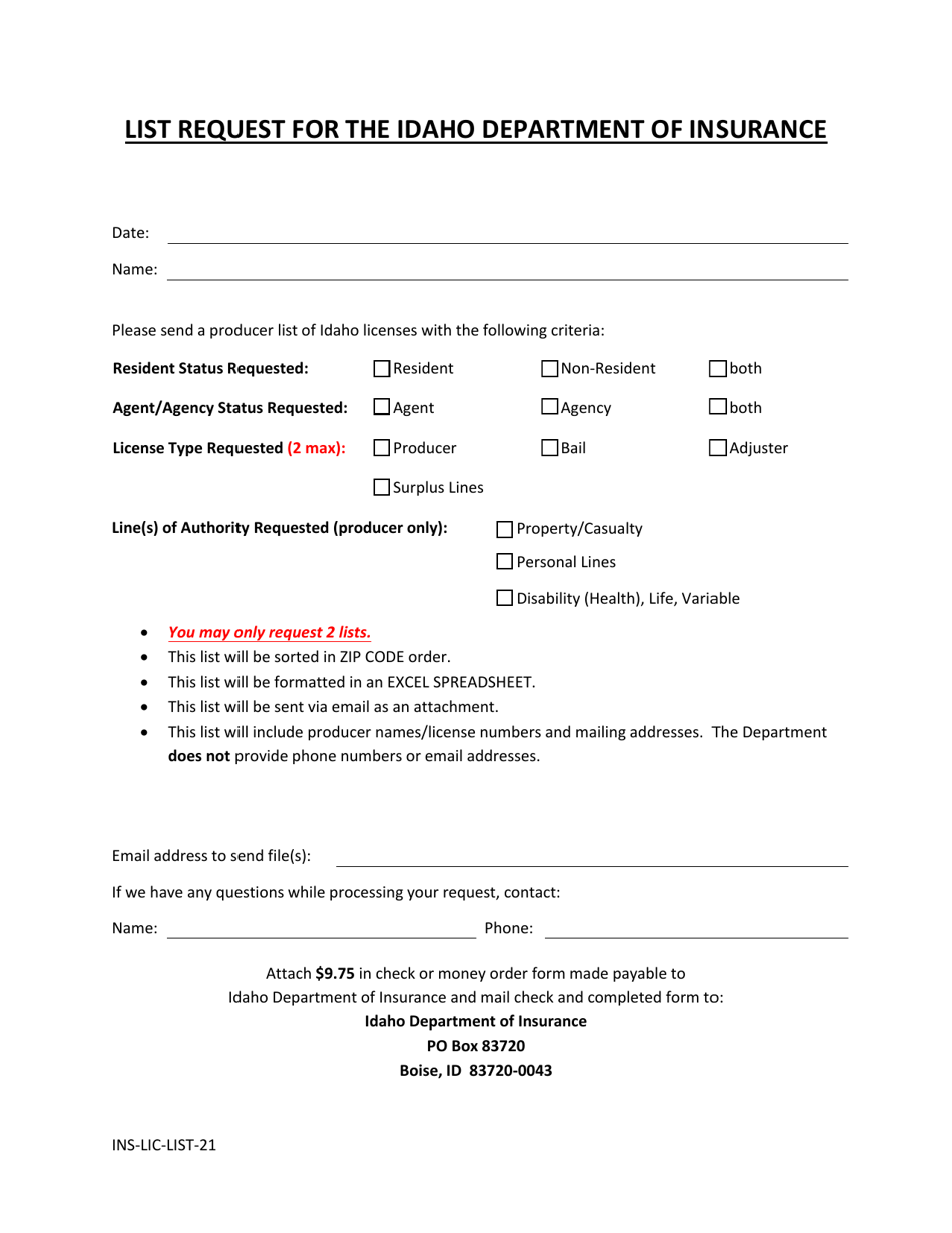 Form INS-LIC-LIST-21 List Request - Idaho, Page 1