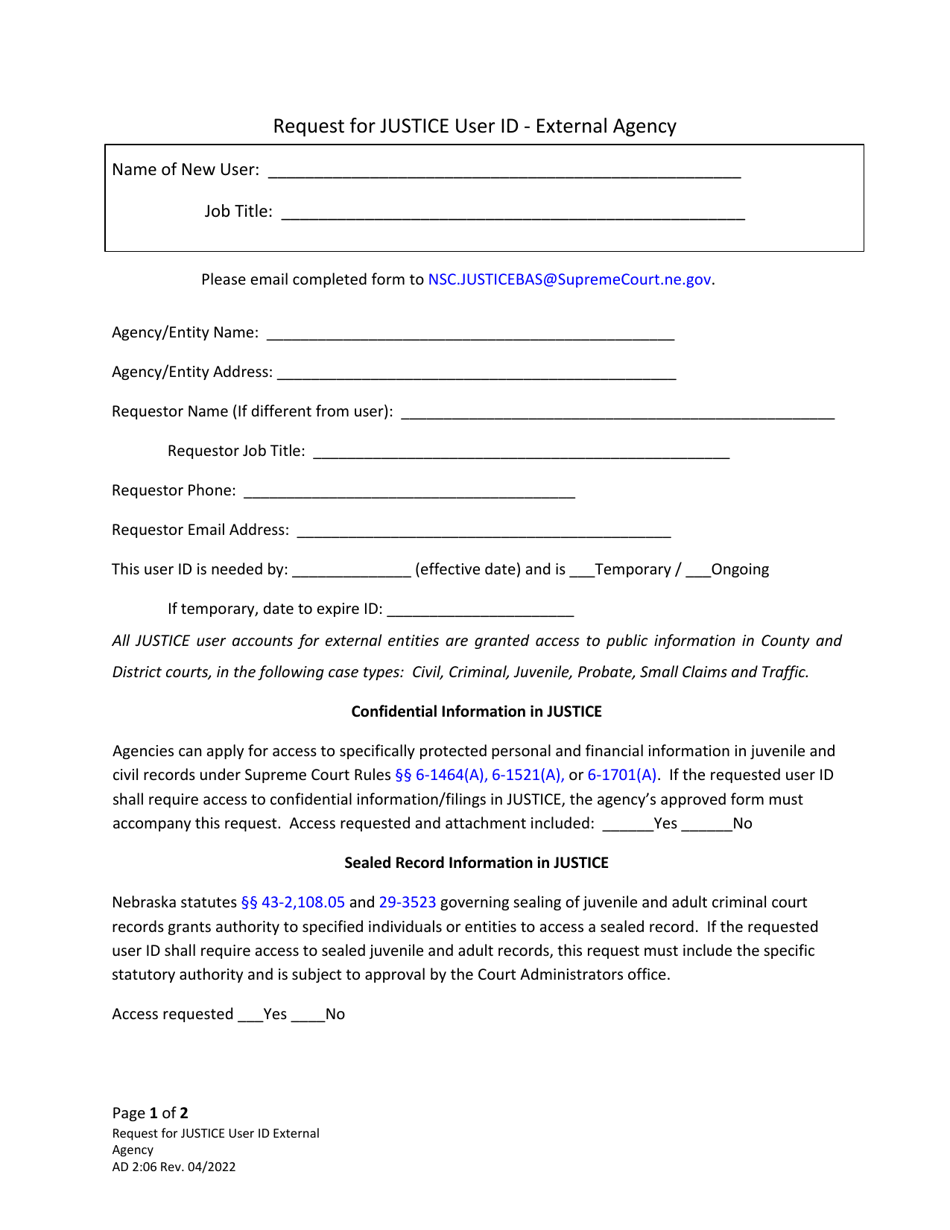 Form AD2:06 Request for Justice User ID - External Agency - Nebraska, Page 1