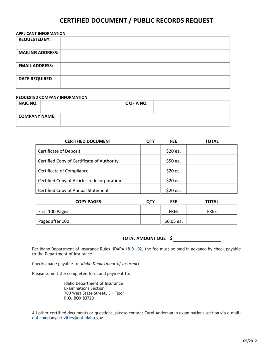 Certified Document / Public Records Request - Idaho, Page 1