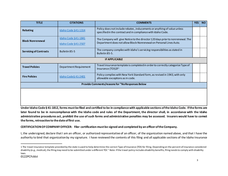 Property  Casualty Forms Checklist  Certification - Idaho, Page 3