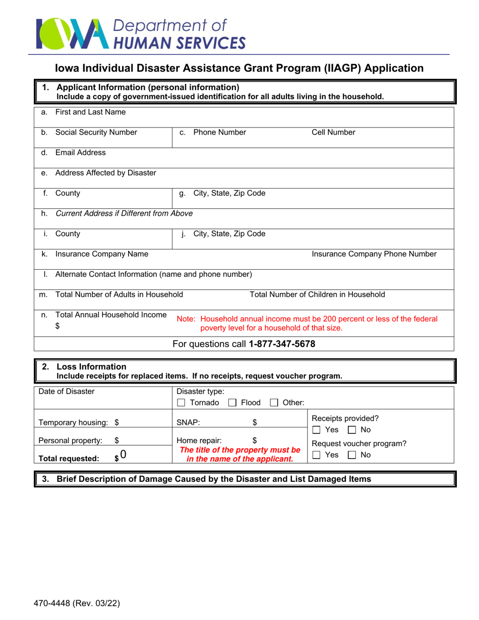 Form 470-4448 Iowa Individual Disaster Assistance Grant Program (Iiagp) Application - Iowa, Page 1