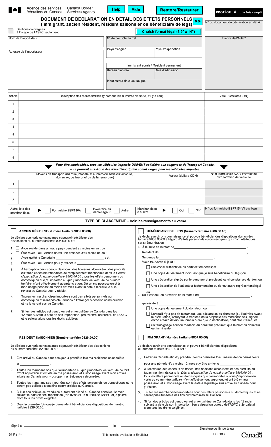 Forme BSF186 Document De Declaration En Detail DES Effets Personnels (Immigrant, Ancien Resident, Resident Saisonnier Ou Beneficiaire De Legs) - Canada (French), Page 1