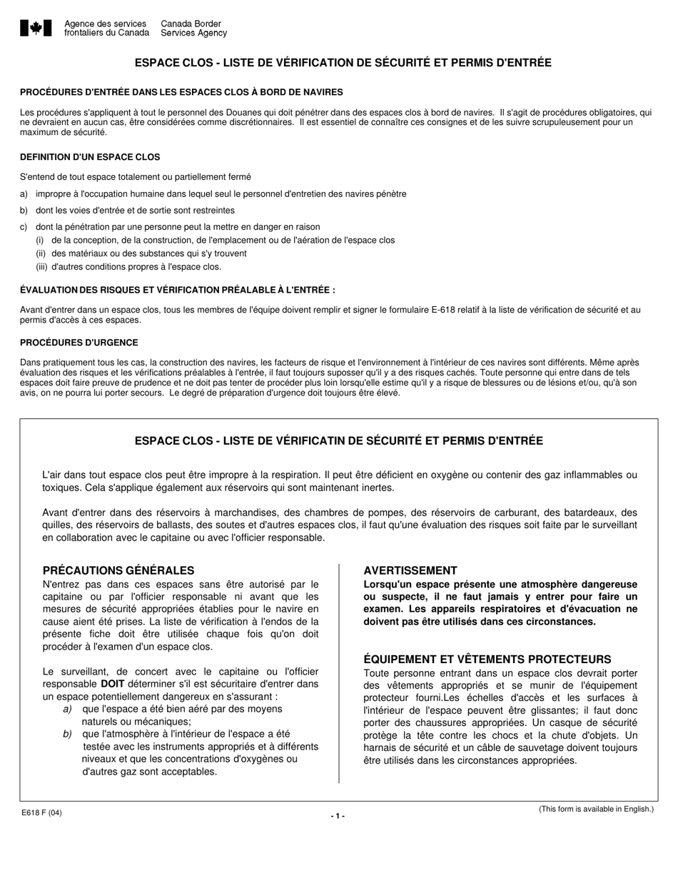 Forme E618 Espace Clos - Liste De Verification De Securite Et Permis Dentree - Canada (French), Page 1