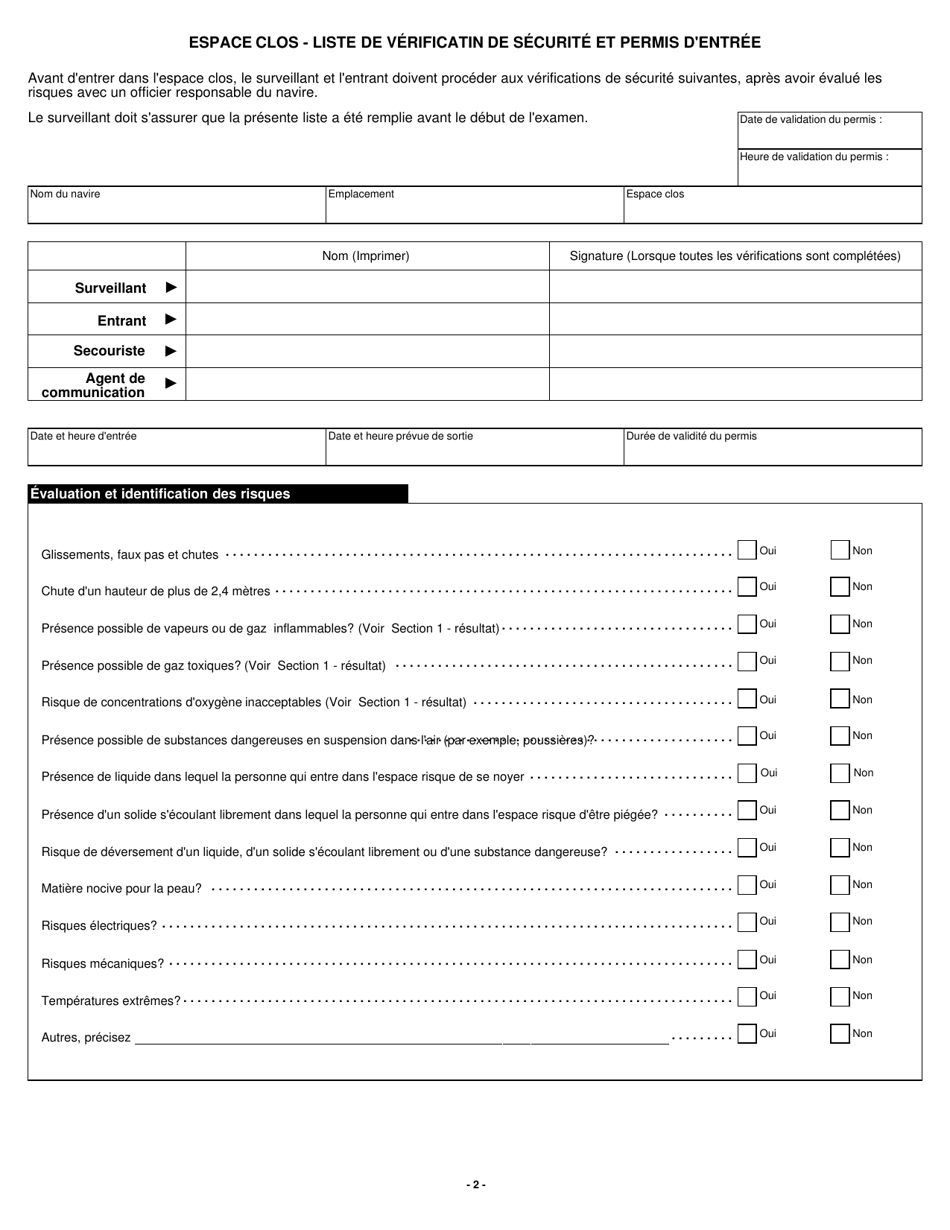 Forme E618 Espace Clos - Liste De Verification De Securite Et Permis Dentree - Canada (French), Page 2