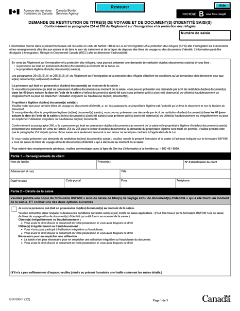 Forme BSF699 Demande De Restitution De Titre(S) De Voyage Et De Document(S) D'identite Saisi(S) - Canada (French)