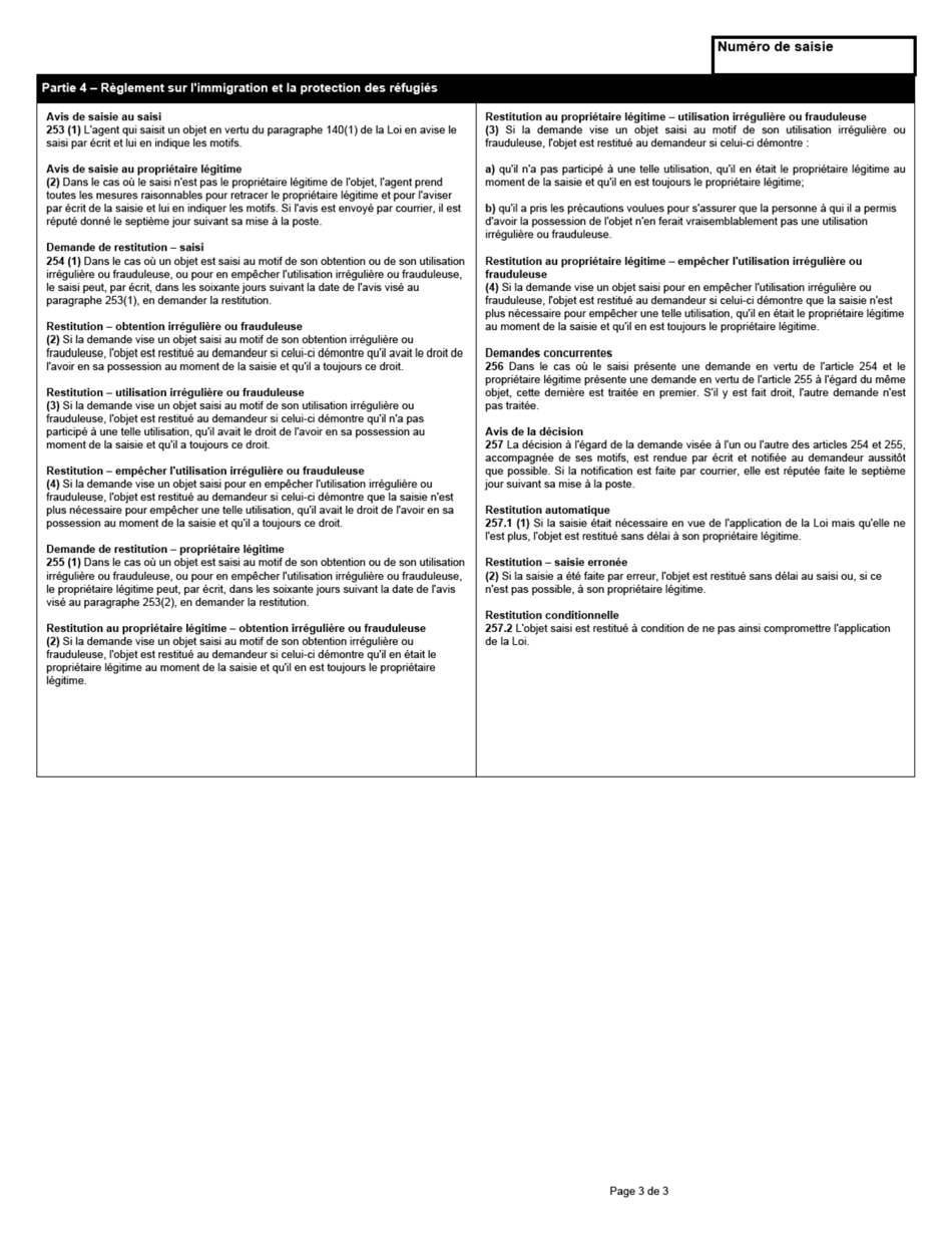 Forme BSF699 Demande De Restitution De Titre(S) De Voyage Et De Document(S) Didentite Saisi(S) - Canada (French), Page 3