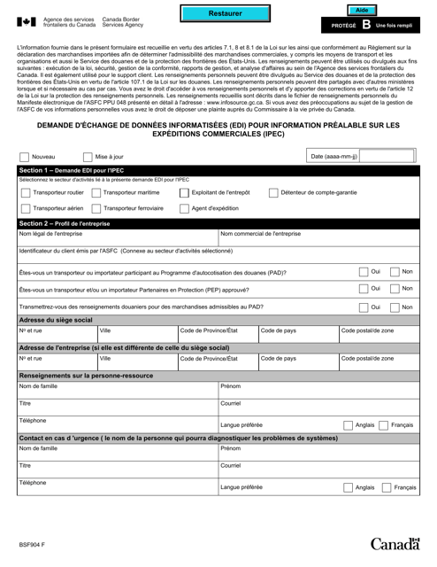 Forme BSF904 Demande D'echange De Donnees Informatisees (Edi) Pour Information Prealable Sur Les Expeditions Commerciales (Ipec) - Canada (French)