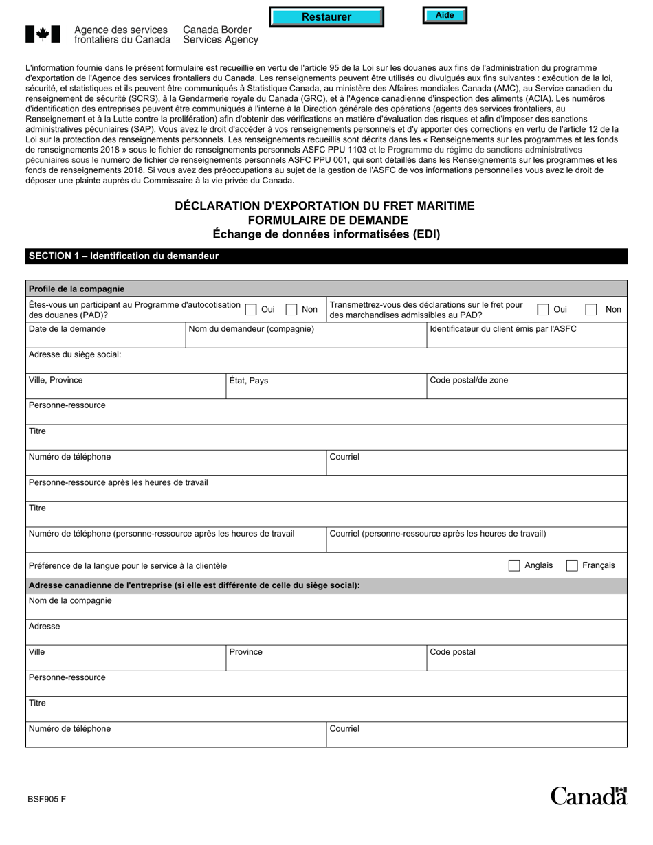 Forme BSF905 Declaration Dexportation Du Fret Maritime Formulaire De Demande - Echange De Donnees Informatisees (Edi) - Canada (French), Page 1