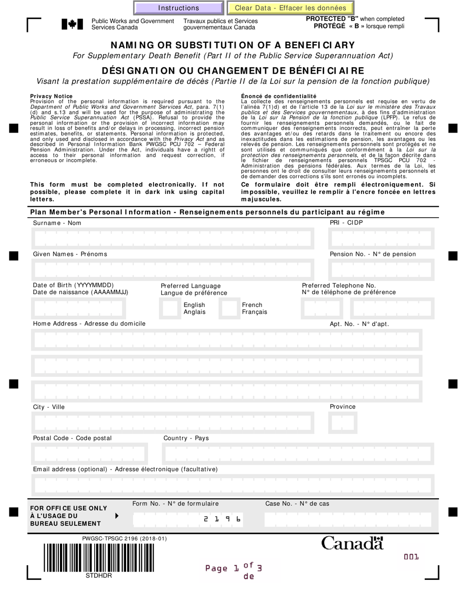 Form PWGSC-TPSGC2196 Naming or Substitution of a Beneficiary - Canada (English / French), Page 1