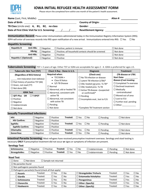 Iowa Initial Refugee Health Assessment Form - Iowa