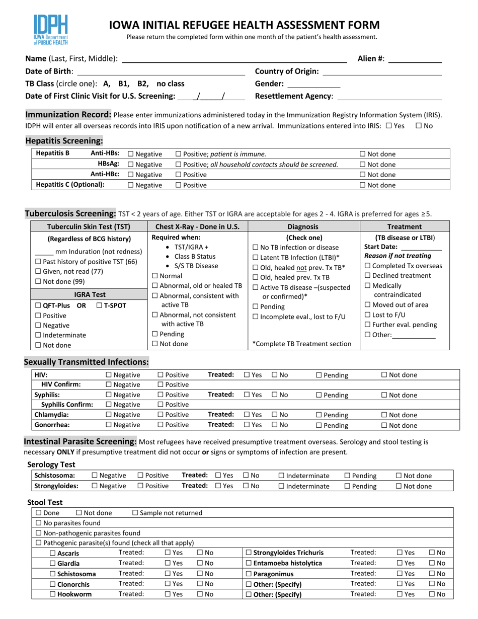 Iowa Initial Refugee Health Assessment Form - Iowa, Page 1