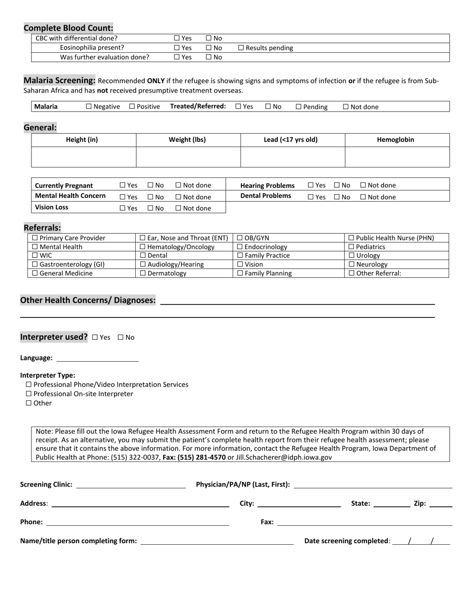 Iowa Initial Refugee Health Assessment Form - Iowa, Page 2