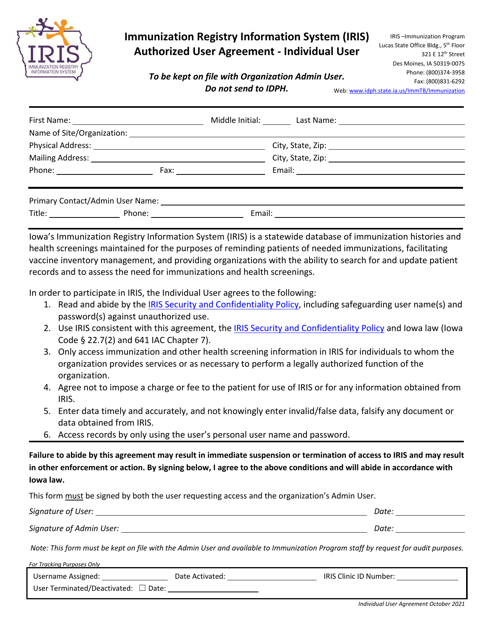Immunization Registry Information System (Iris) Authorized User Agreement - Individual User - Iowa