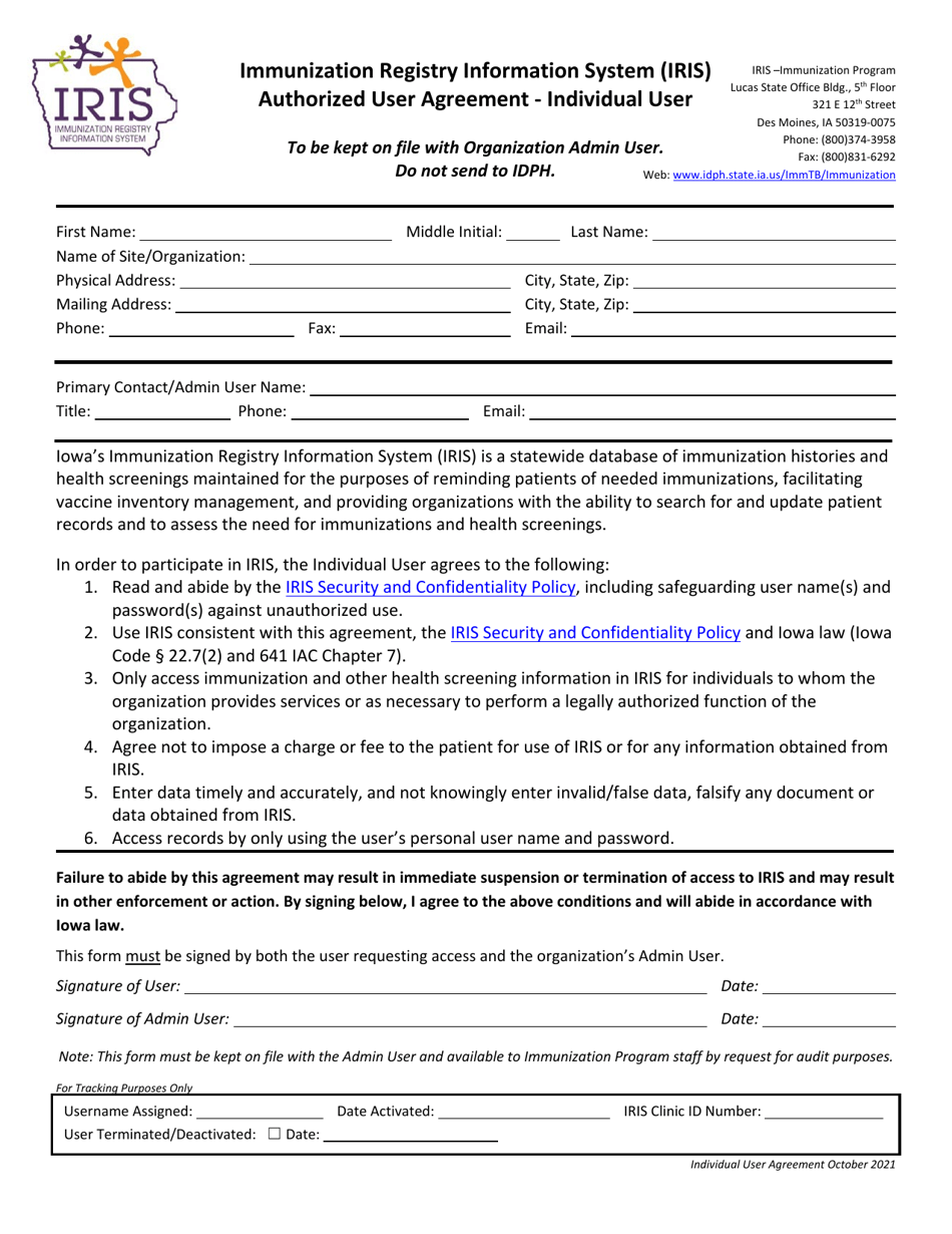 Immunization Registry Information System (Iris) Authorized User Agreement - Individual User - Iowa, Page 1