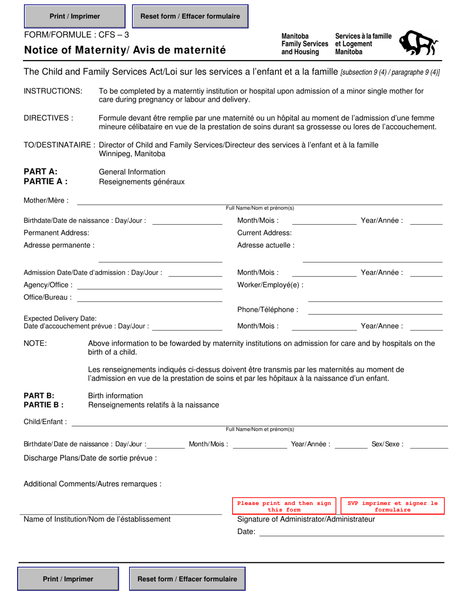 Form CFS-3 Notice of Maternity - Manitoba, Canada (English / French), Page 1
