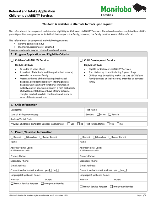 Children's Disability Services Referral and Intake Application - Manitoba, Canada Download Pdf