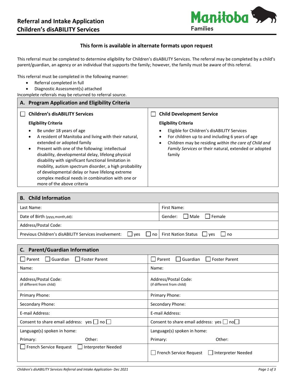 Childrens Disability Services Referral and Intake Application - Manitoba, Canada, Page 1