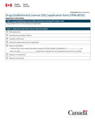 Form FRM-0033 &quot;Drug Establishment Licence (Del) Application Form&quot; - Canada