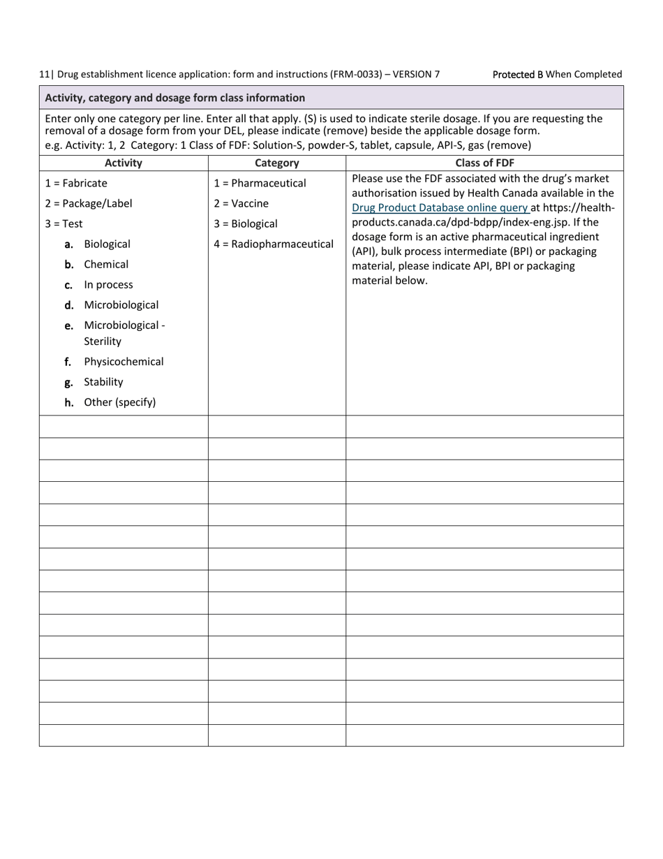 Form FRM-0033 Drug Establishment Licence (Del) Application Form - Canada, Page 11