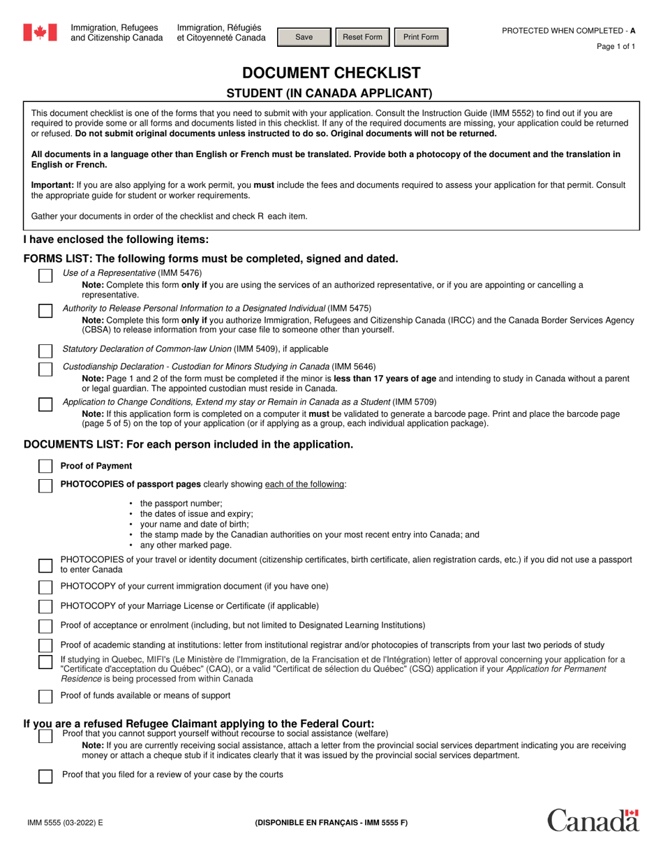 Form IMM5555 Document Checklist - Student (In Canada Applicant) - Canada, Page 1