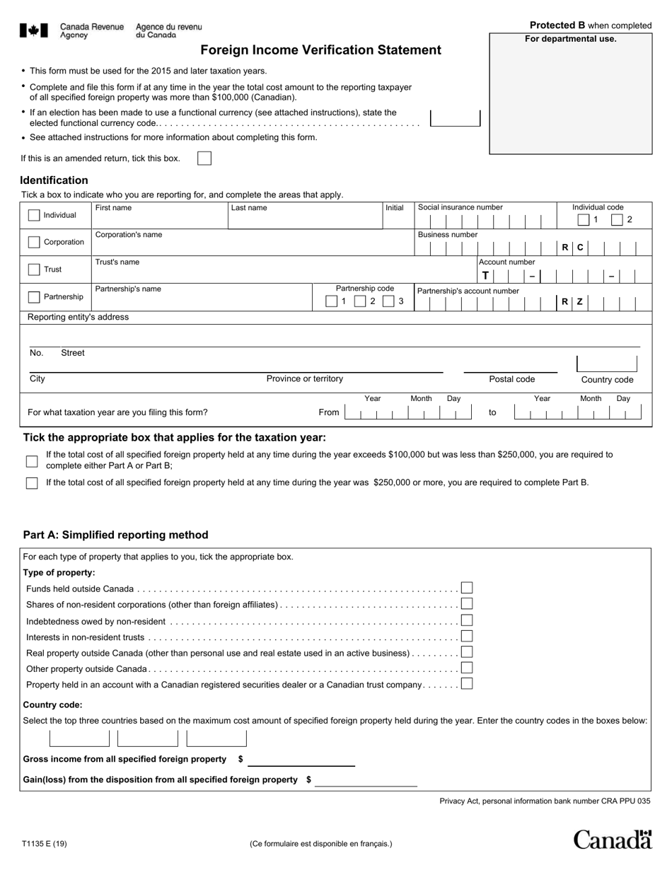 Form T1135 Foreign Income Verification Statement - Canada, Page 1