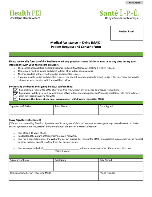 Medical Assistance in Dying (Maid) Patient Request and Consent Form - Prince Edward Island, Canada Download Pdf