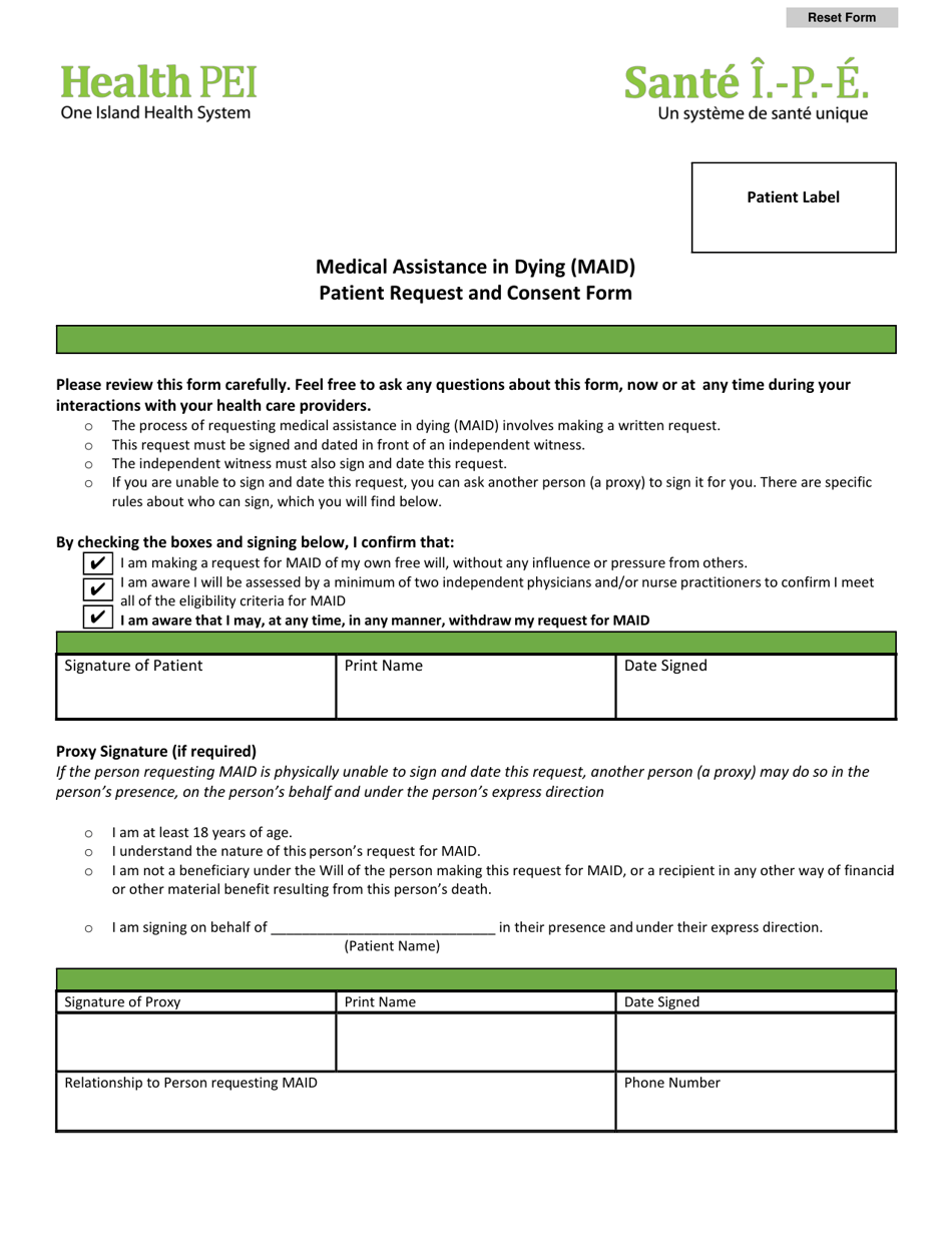 Medical Assistance in Dying (Maid) Patient Request and Consent Form - Prince Edward Island, Canada, Page 1
