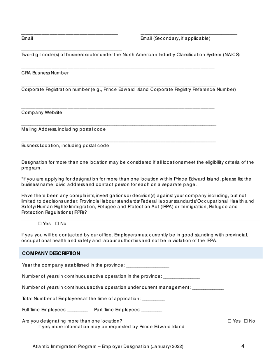 Prince Edward Island Canada Employer Designation Application Form ...