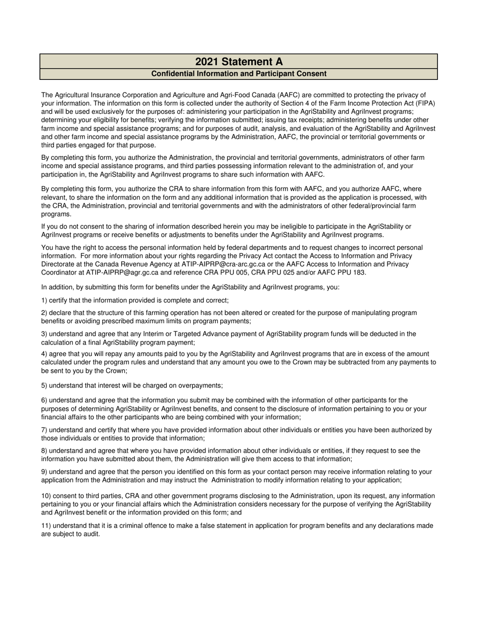 Statement a - Statement of Farming Activities for Corporations - Agristability and Agriinvest Programs - Prince Edward Island, Canada, Page 2