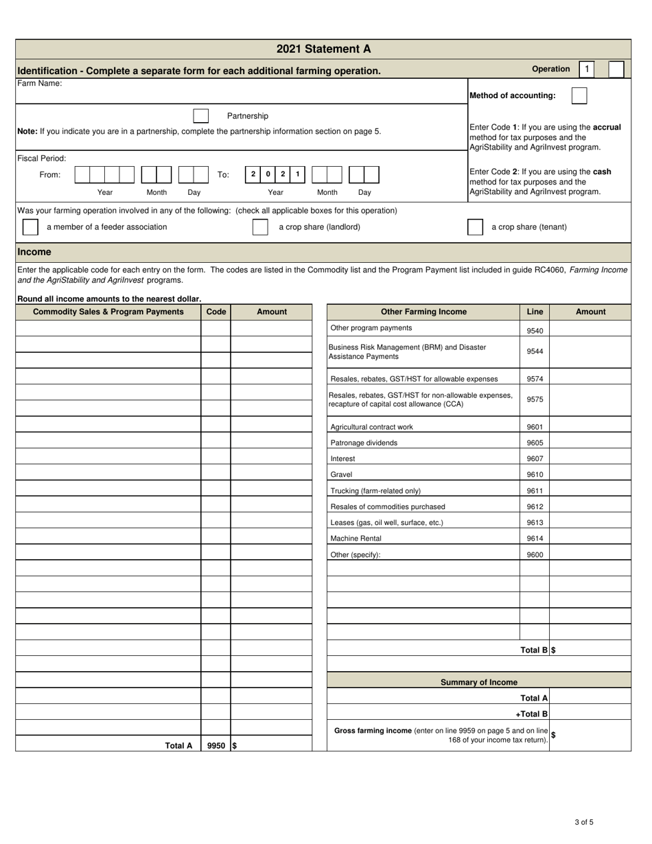 Statement a - Statement of Farming Activities for Corporations - Agristability and Agriinvest Programs - Prince Edward Island, Canada, Page 3