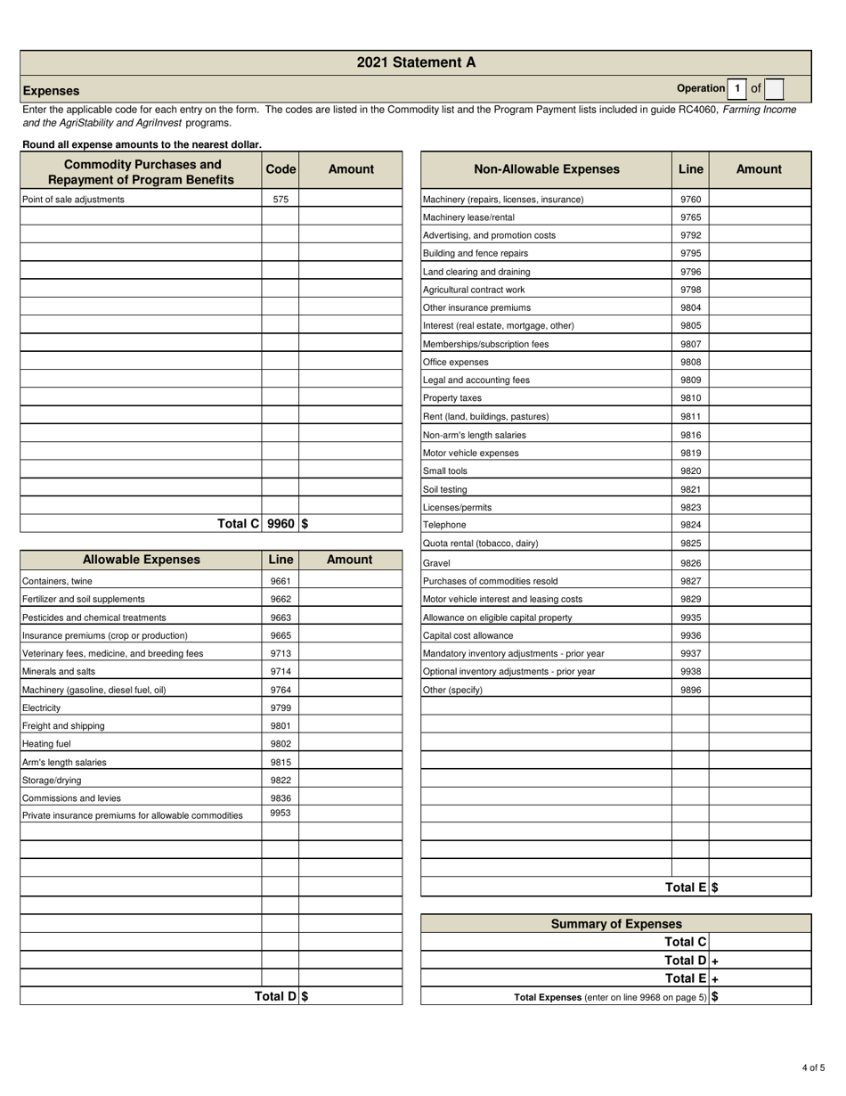 Statement a - Statement of Farming Activities for Corporations - Agristability and Agriinvest Programs - Prince Edward Island, Canada, Page 4