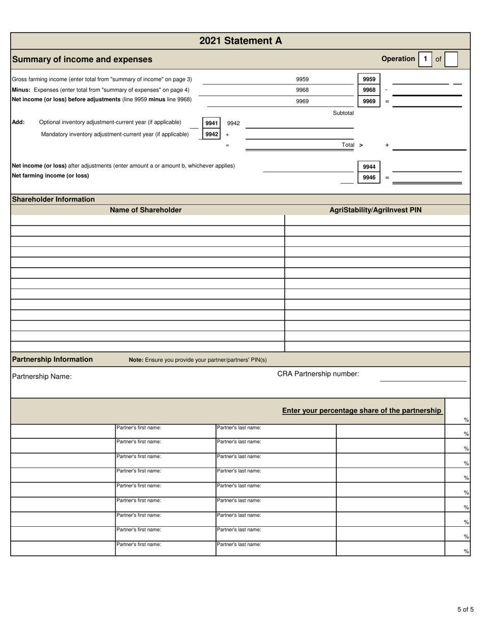 Statement a - Statement of Farming Activities for Corporations - Agristability and Agriinvest Programs - Prince Edward Island, Canada, Page 5