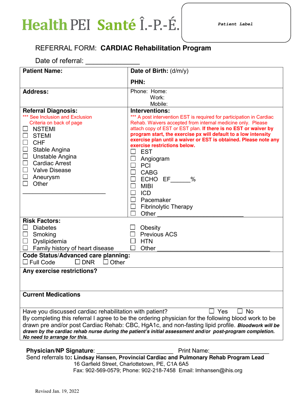 Referral Form: Cardiac Rehabilitation Program - Prince Edward Island, Canada, Page 1