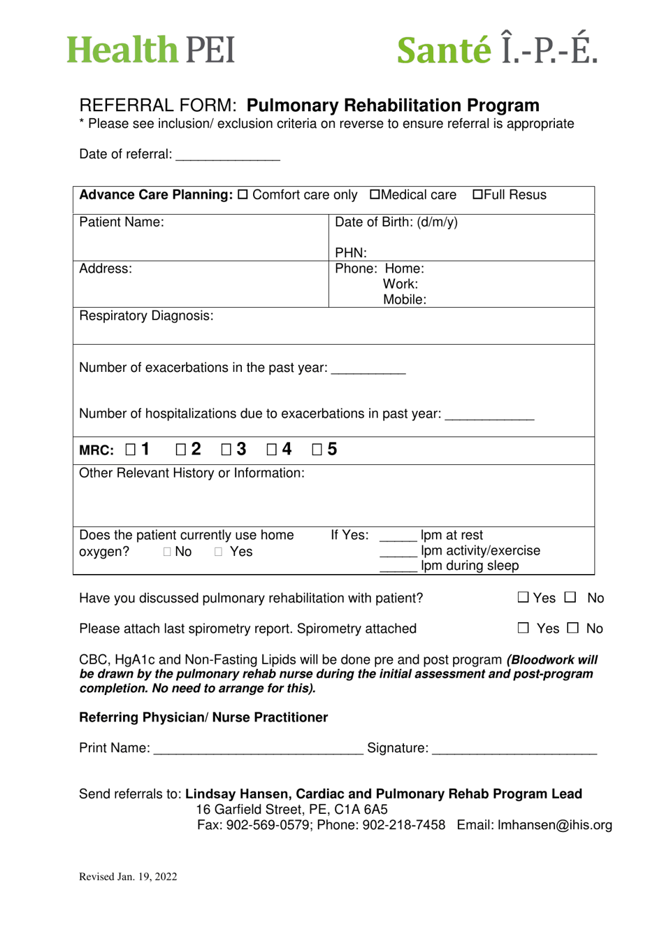 Referral Form: Pulmonary Rehabilitation Program - Prince Edward Island, Canada, Page 1