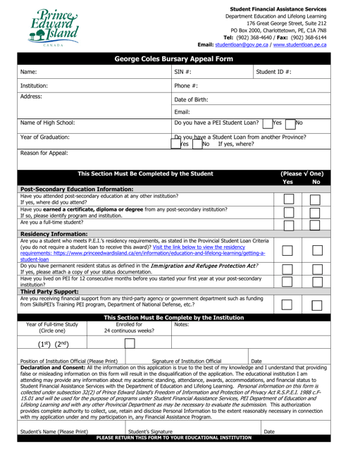 George Coles Bursary Appeal Form - Prince Edward Island, Canada