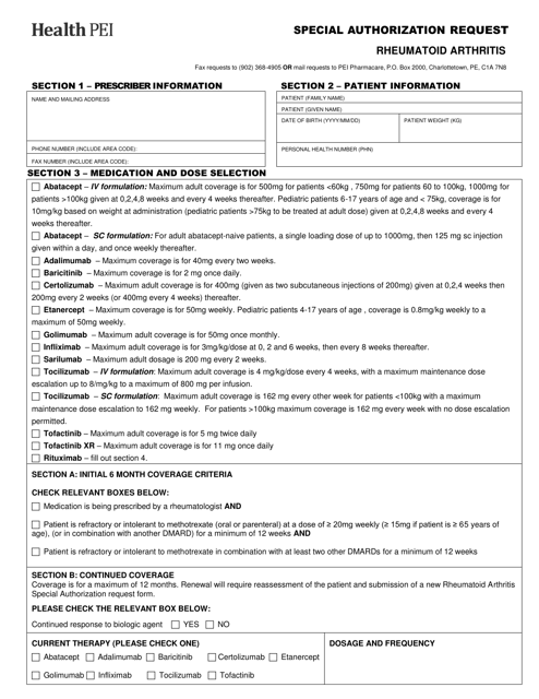 Special Authorization Request - Rheumatoid Arthritis - Prince Edward Island, Canada Download Pdf