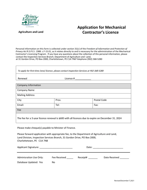 Application for Mechanical Contractor's Licence - Prince Edward Island, Canada Download Pdf