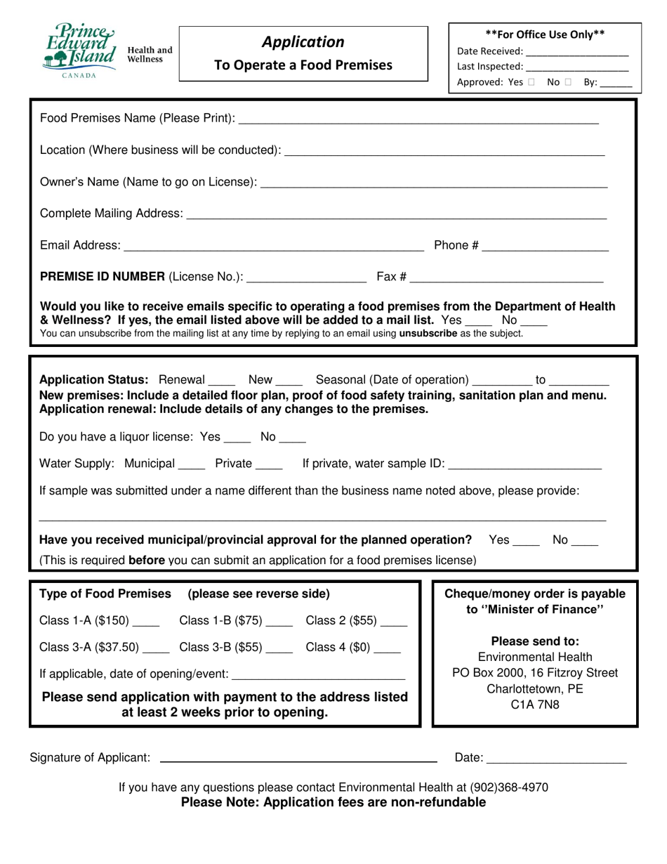 Application to Operate a Food Premises - Prince Edward Island, Canada, Page 1