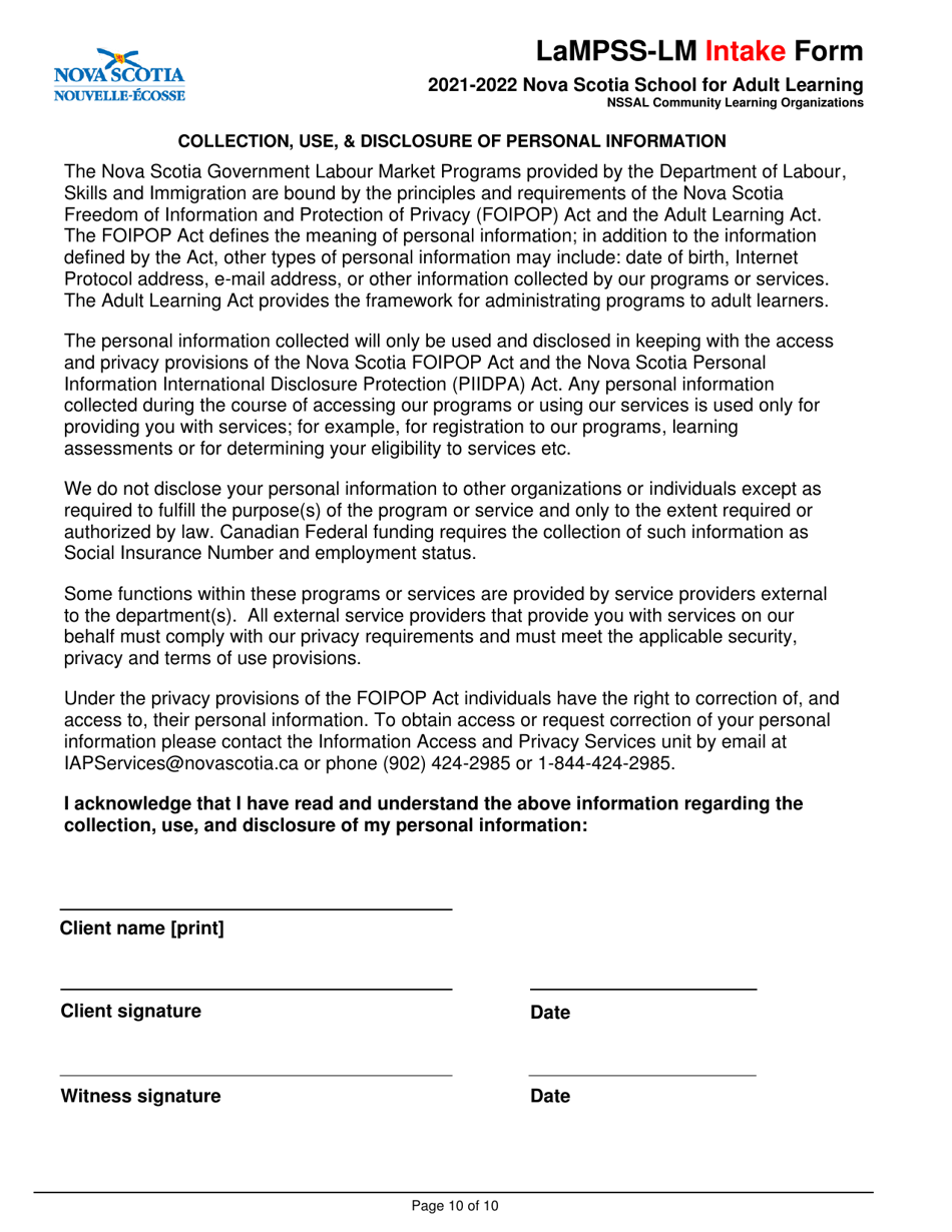 Lampss-Lm Intake Form - Nova Scotia, Canada, Page 10