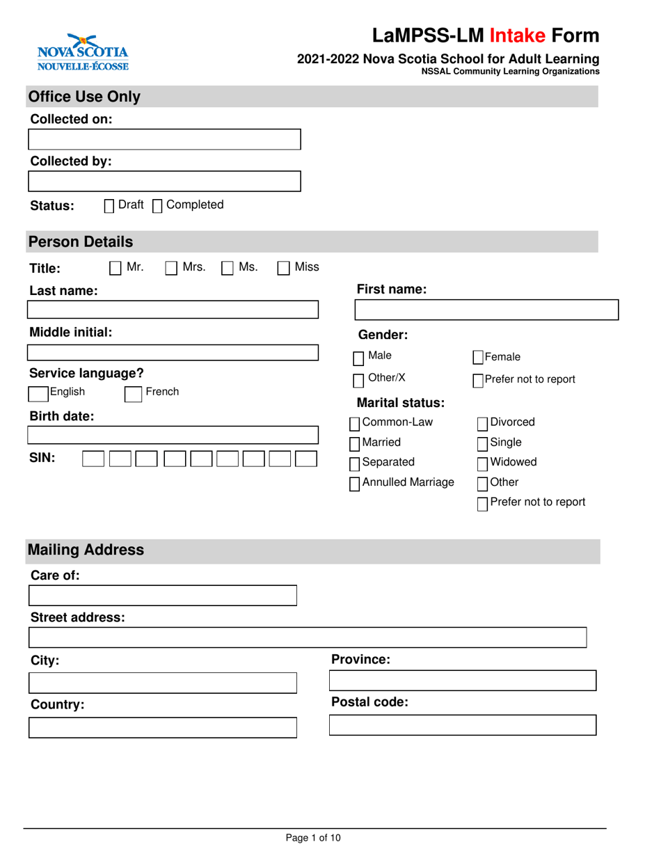 Lampss-Lm Intake Form - Nova Scotia, Canada, Page 1