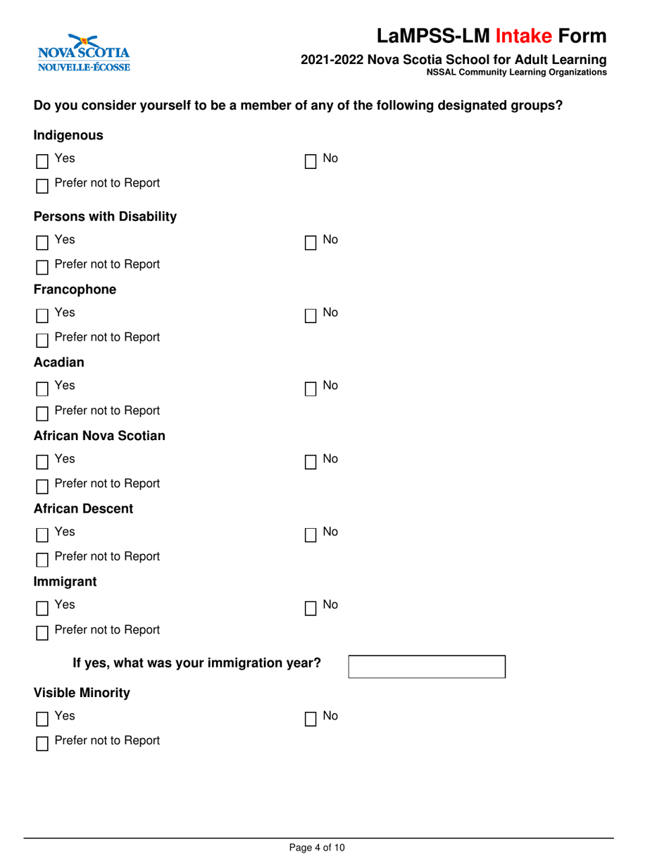Lampss-Lm Intake Form - Nova Scotia, Canada, Page 4