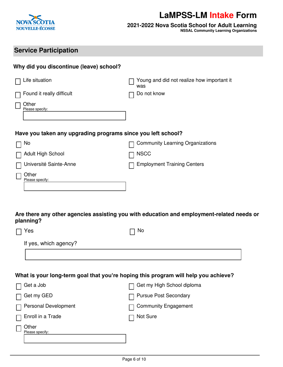 Lampss-Lm Intake Form - Nova Scotia, Canada, Page 6