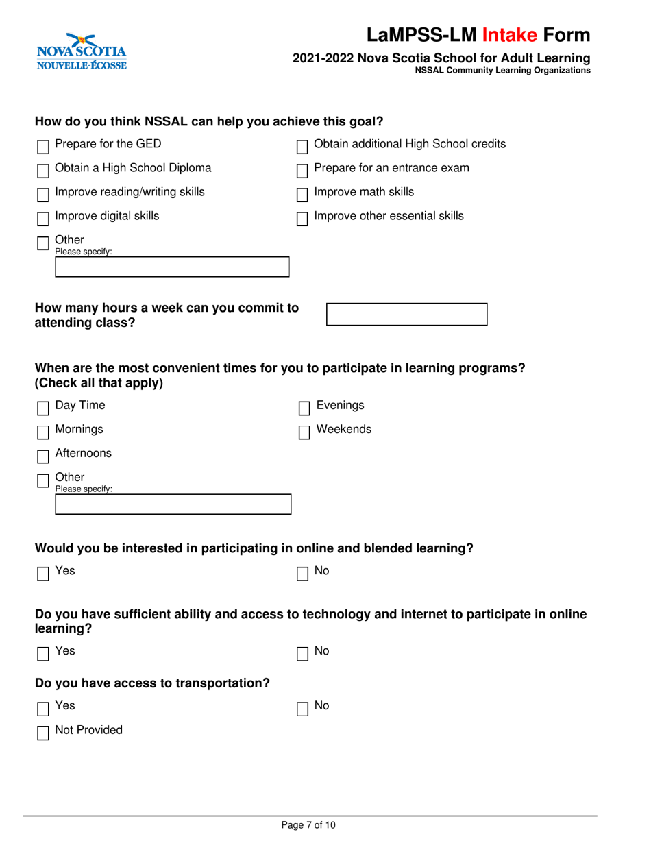 Lampss-Lm Intake Form - Nova Scotia, Canada, Page 7