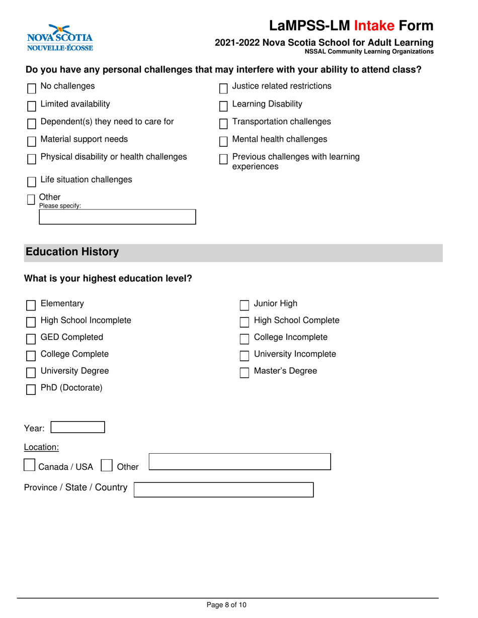 Lampss-Lm Intake Form - Nova Scotia, Canada, Page 8